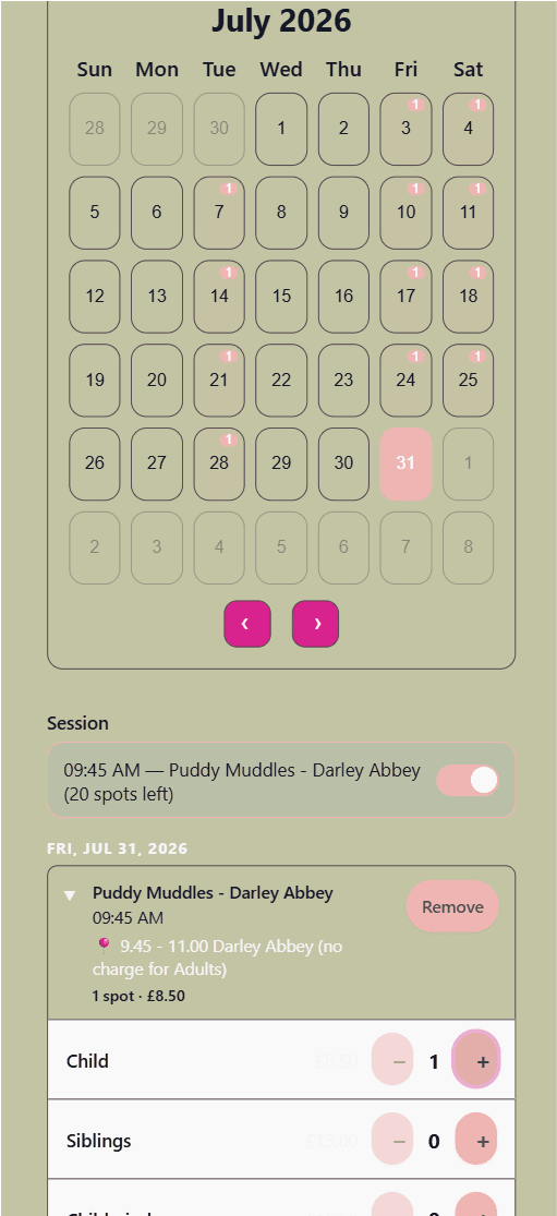 Mobile-friendly Kimshi class registration calendar and checkout